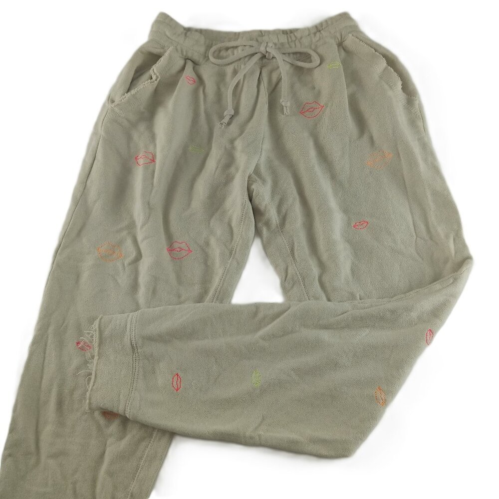 Chaser Women's Neon Lips Embroidered Joggers Size Large Cream Cotton Linen Blend